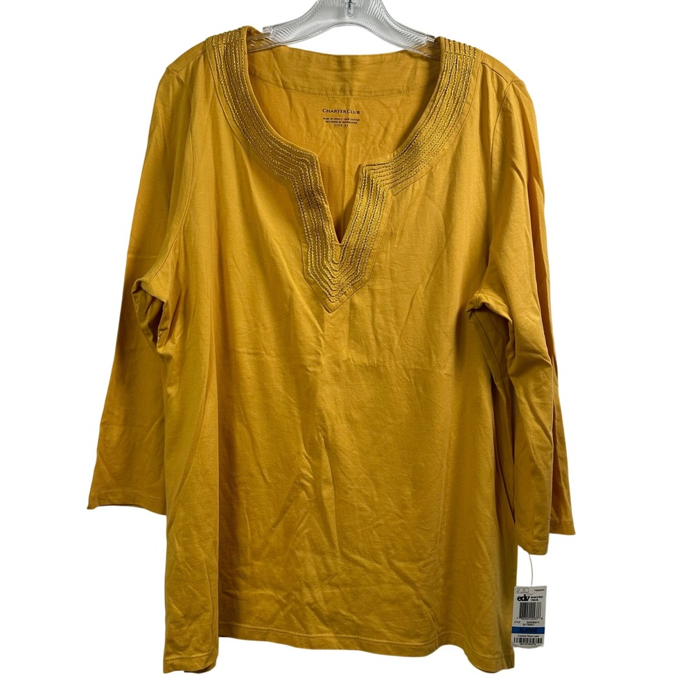 Charter Club Womens XL Butternut Yellow Cotton 3/4 Sleeve Metallic Trim Top NWT
